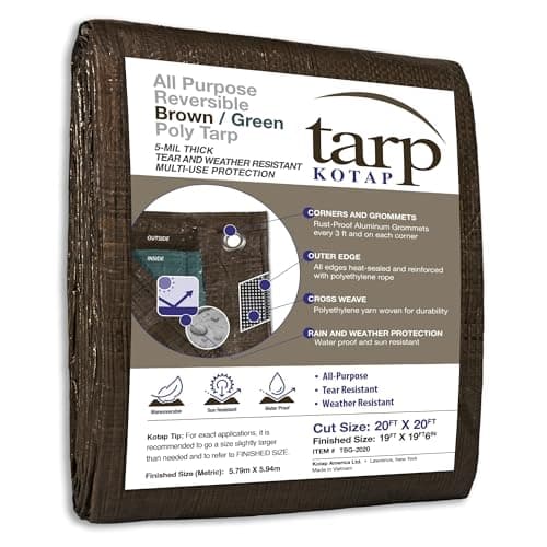 Kotap 20 x 20 Ft. All-Purpose Multi-Use Protection/Coverage 5-mil Poly Tarp, Reversible, Waterproof, Brown/Green, (TBG-2020)