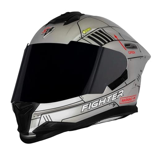 Steelbird SBH-57 Fighter F6 ISI and DOT Certified Full Face Helmet for Men and Women with Inner Silver Sun Shield (Medium 580 MM, Glossy Grey Black)
