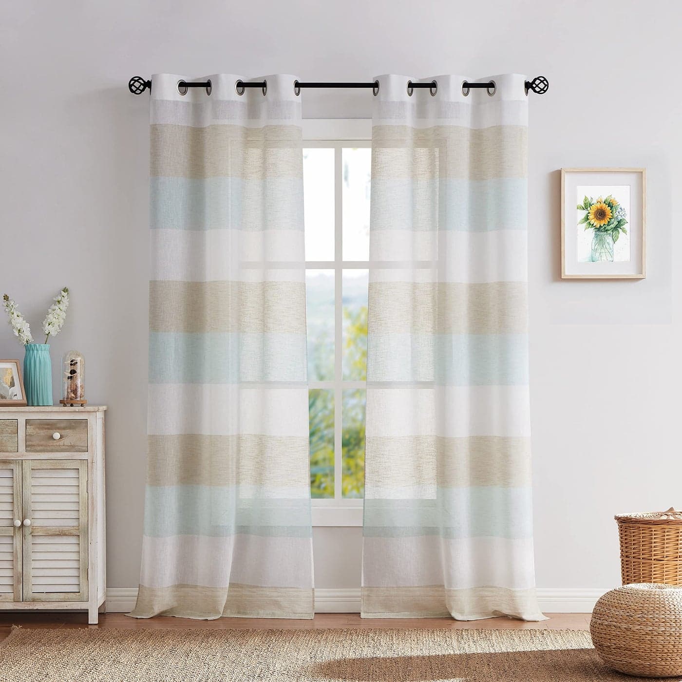 Central Park Tan and Spa Blue Stripe Sheer Color Block Window Curtain Panel Linen Window Treatment for Bedroom Living Room Farmhouse 84 inches Long with Grommets 2 Panel Rustic Drapes