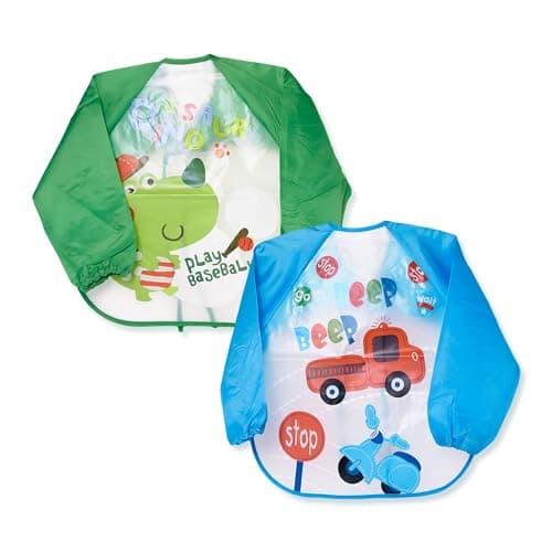 THE LITTLE LOOKERS Full Sleeves Washable Waterproof Bib/Apron with Tying Robe| Cute Prints| Quick Dry PVC Baby Bibs for Newborns/Infants/Toddlers/Babies (6-36months) (Pack of 2)
