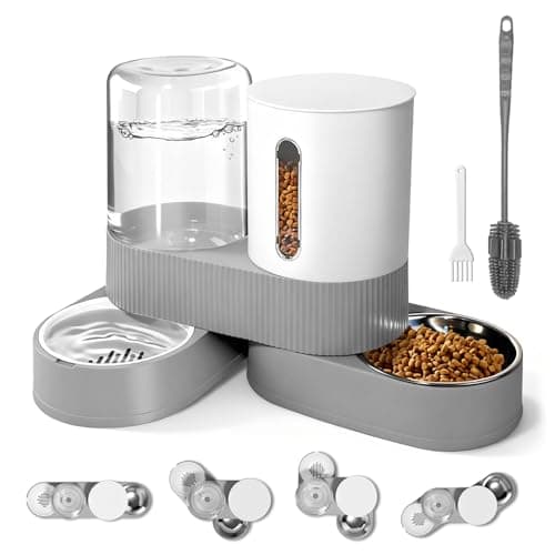 Automatic Gravity Cat Dog Feeder and Water Dispenser with 304 Stainless Steel Bowls 2 in 1 360 Degree Rotatable Auto 24L Dry Food and 26L Water Bowl for Small Medium Pet Dog Puppy Kitten Gray