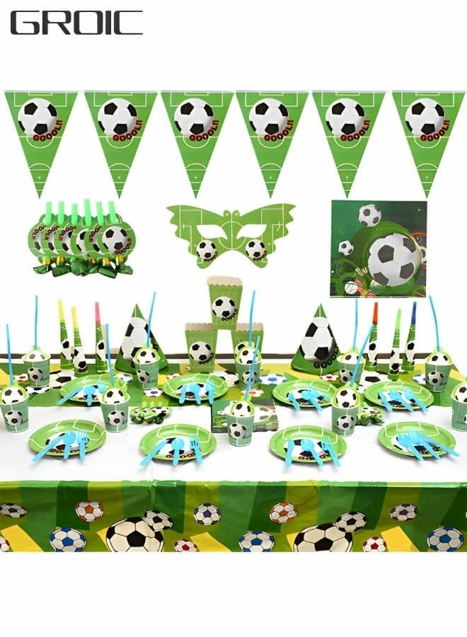 145 Pcs Soccer Birthday Party Supplies for Kids, Football Party Tableware Set, Includes Banner Paper Plates Napkins Cups Tablecloth, for Soccer Sports Birthday Theme Party Decorations