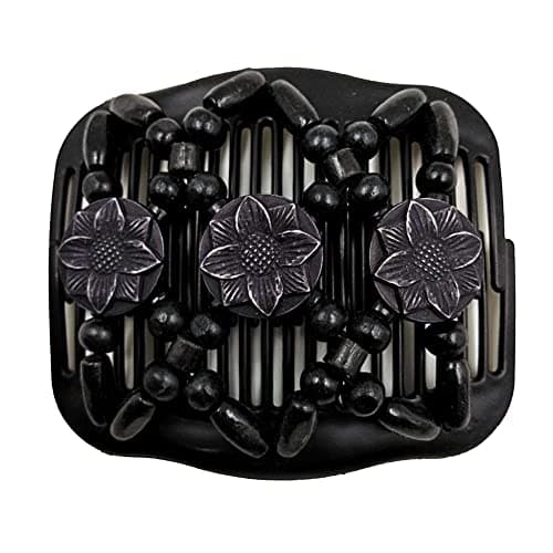 LOVEF Women Magic Hair Combs Wood Beaded Stretch Double Side Combs Clips Bun Maker Hair Accessories Round Black