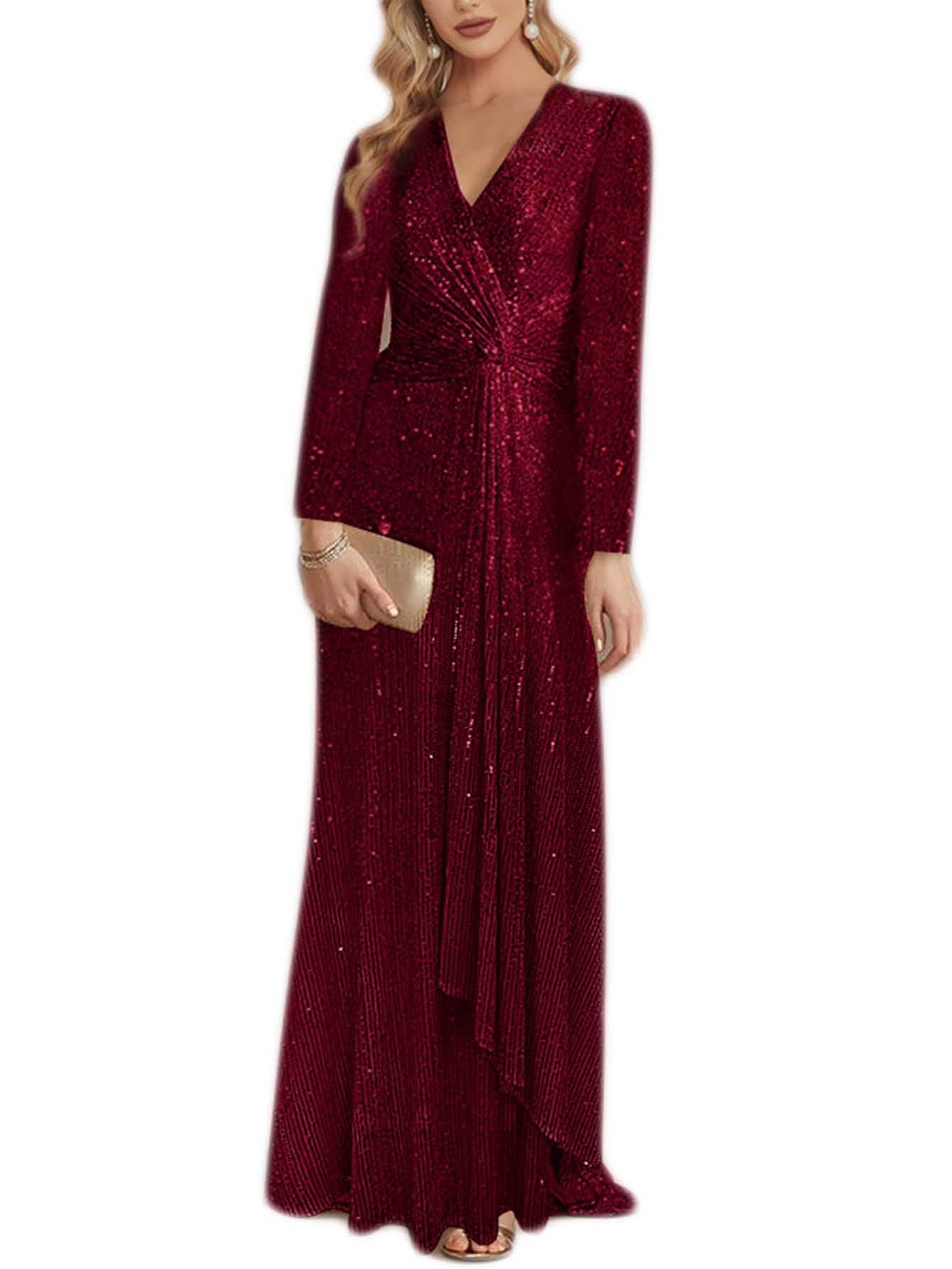 meilun Wine Long Sleeve Sequin Dress for Women Formal Evening Gowns Sparkly V Neck Maxi Dress for Wedding Guest,XL