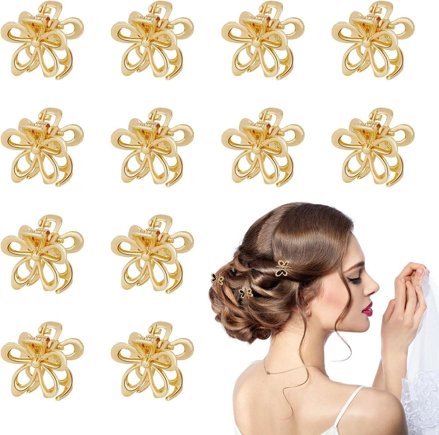 12PCS Flower Hair Clips, Mini Claw Clips for Girls, Gold Metal Hair Barrettes for Thick and Thin Hair, Cute Decorative Hair Accessories