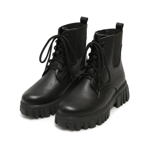 Shoetopia Women’s Black Chunky Combat Boots | Lace-Up Ankle Boots with Thick Lug Sole | Durable Faux Leather Fashion Boots for Casual & Outdoor Footwear EU38