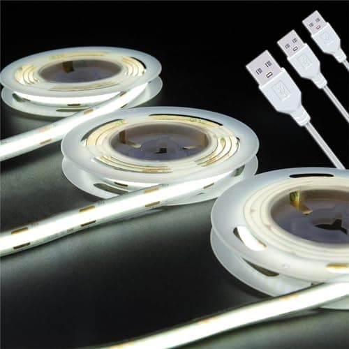UVTaoYuan LED Strip Lights USB Short Light Strips, 6500K Bright White Not Dimmable 5V COB Small LED Strip for Indoor Bedroom Kitchen DIY Home Decor Display Cabinet 5V LED TV Lighting (3 Pack 3.28FT)