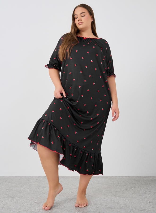 Plus Size Cherry Print Gathered Detail Night Dress