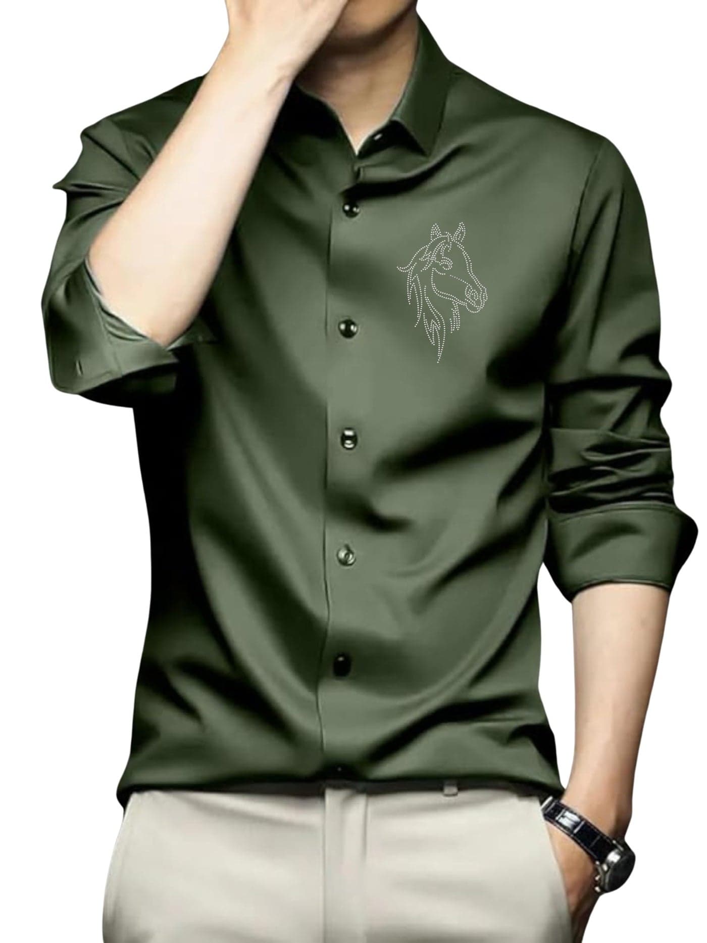 IndoPrimo Men's Satin Shirt with Spread Collar Neck Line Solid Pattern Full Sleeves Regular Fit Western Style and Standard Length Olive