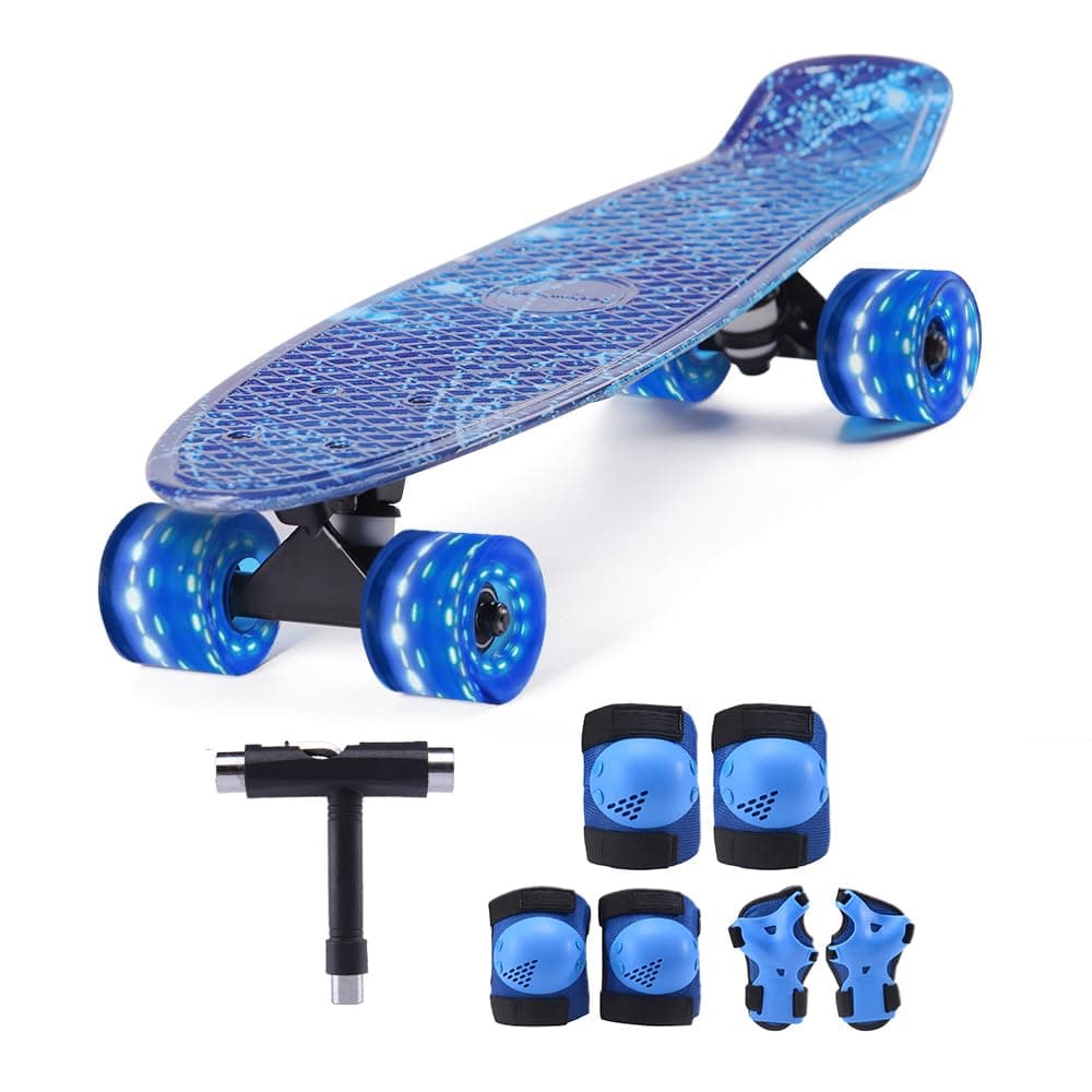 Kids Skateboard Set with LightUp WheelsComplete Beginner Kit Includes Full Protective Gear Skate ToolIdeal for Boys GirlsBlue 22