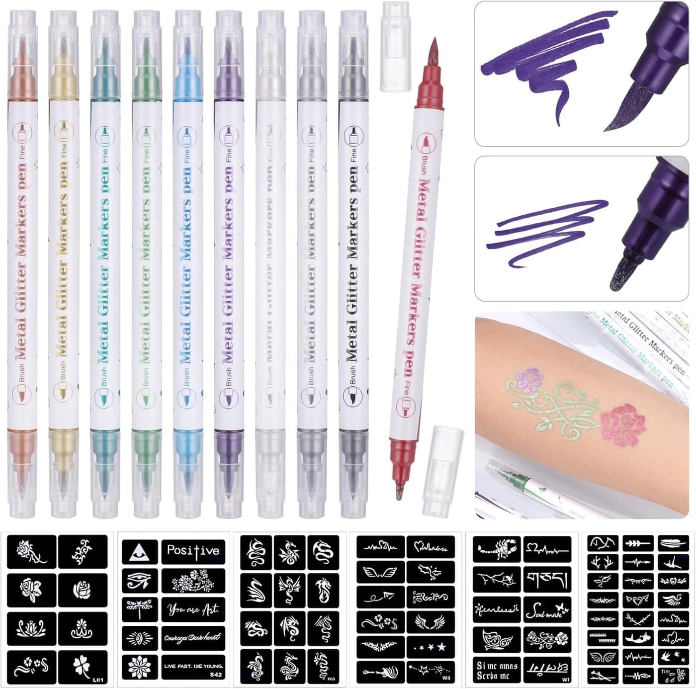 Temporary Tattoo Markers for Skin Multicoloured Tattoo Kit with 10 DualEnd Pens 60 Patterns Stencils Face Paint for Kids and Adults