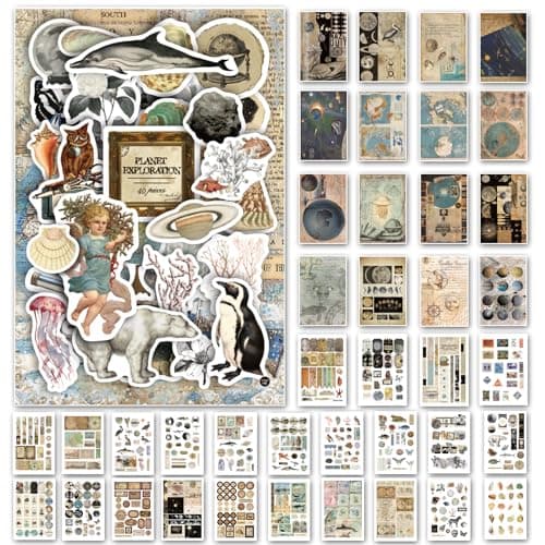Prstincol Vintage Aesthetic Washi Stickers and Papers for Scrapbooking40 Sheets Ephemera Book for Art Journaling with Celestial and Ocean Theme Stickers and Decoupage Papers for Junk Journal