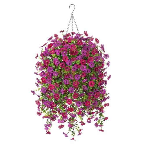 Artificial Fake Hanging Flower Plants with Basket Outdoor Spring Decoration, Silk Faux Hanging Flowers Daisy Planter Realistic UV Resistant for Outside Garden Porch Patio Home Decor (Fuchsia Purple)