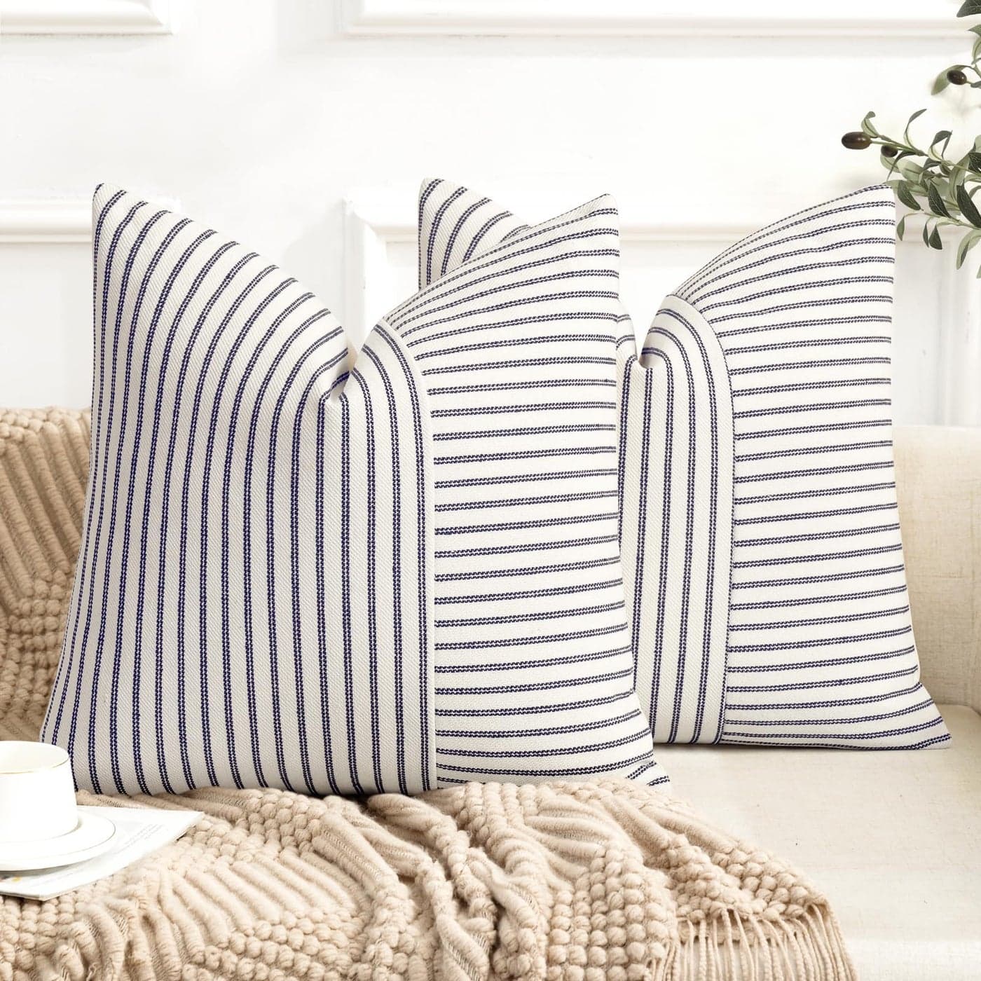 YCOLL Farmhouse Pillow Covers 20x20 Modern Accent Square Throw Pillow Covers Set of 2 Navy and Beige Striped Patchwork Linen Decorative Pillows Cushion Covers for Couch Chair Bedroom Home Decor