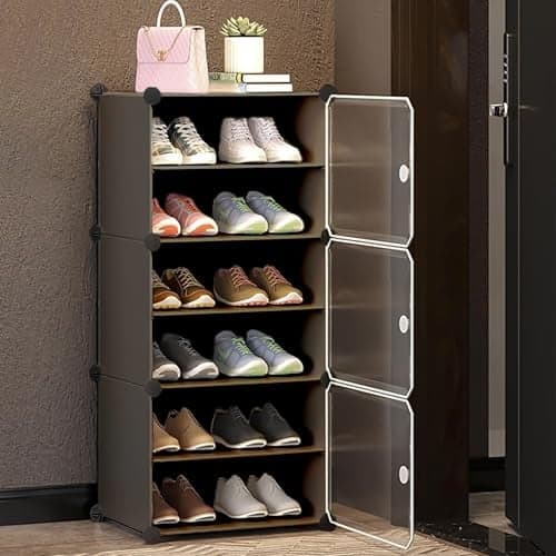AYSIS 6 Shelf DIY Shoe Rack Box Organizer ^ Multi-Purpose Plastic Shoe Rack for Home, PP Plastic Home Rack with Door for Entryway, Chappal Slipper Shoe Stand【Grey, 6-Shelf-3-Door】