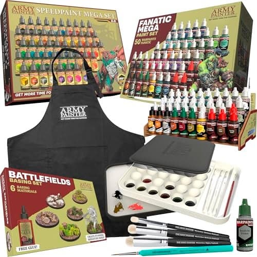 The Army Painter Ultimate Starter Bundle, Incl: Warpaints Fanatic & Speedpaint 2.0 Mega Set, Wet Palette XL, Battlefield Basing, Masterclass Drybrushes, Black Apron, 2 Brushes, Brush on Primer