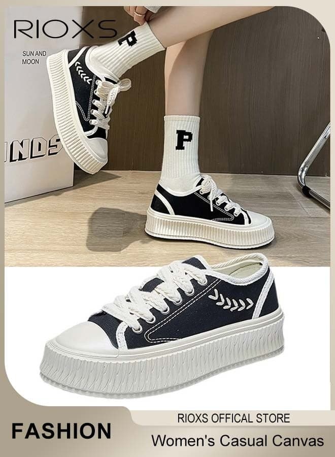 Low Top Sneaker for Women, Classic Lace-up Canvas Sneakers, Lightweight Women's Walking Shoes, Ladies Casual Athlesiure Shoes, Fashion Breathable Platform Shoes, Anti-slip Chunky Sneakers for Female, Trendy Low-Top Silhouette Sneakers, Black Sneakers for Work Shopping Travelling and Daily Wear