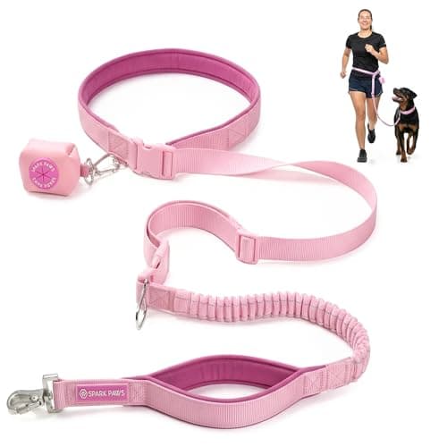 Spark Paws Handsfree Dog Leash Shock Absorbing Waist Bungee Lead for Running Car Seatbelt Clip Poop Bag Set Heavy Duty Tactical Lead for Medium Large XLarge Breeds Pink