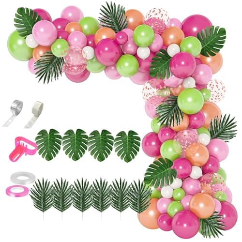 117Pcs Tropical Balloons Arch Garland Kit, Hot Pink Green Rose Gold Confetti Balloons Palm Leaves & 5Tools for Tropical Hawaii Aloha Luau Flamingo Theme Birthday Party Baby Shower Wedding Decorations