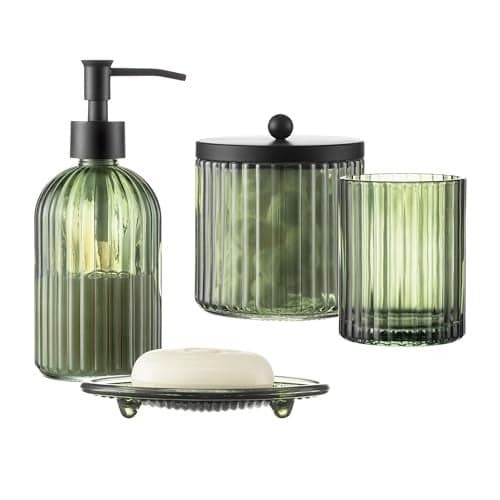 4PCs Heavy Weight Decent Glass Bathroom Accessories Set with Decorative Pressed Pattern - Includes Soap Dispenser, Lidded Cotton Jar, Tumbler and Soap Dish(Olive Green)
