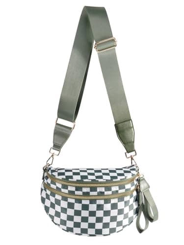 Black and White Checkered Crossbody Bum Bag for Women,Spacious Checkered Purse Fanny Packs Belt Sling Bag with Shoulder Strap (Beans Green Checkered)