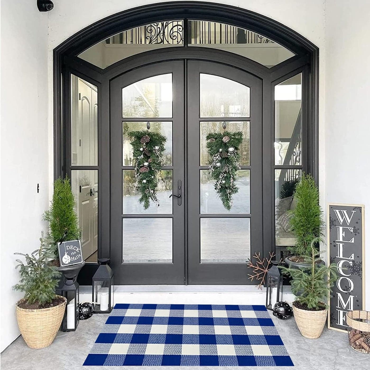 SEEKSEE Cotton Buffalo Plaid Rug 275x43 Blue and White Checked Rug Washable Doormats Indoor Outdoor Rugs for Layered Front Door Mats Porch Kitchen Farmhouse Entryway