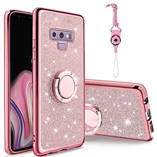 Easyscen for Samsung Galaxy Note 9 Phone Case with Ring Stand Lanyard Strap Protective Cover - Rose Gold