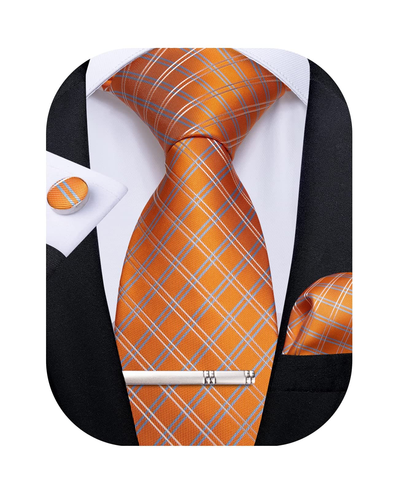DiBanGu Plaid Ties for Men Silk Checkered Necktie and Pocket Square Cufflinks Tie Clip Set with Gift Box for Wedding Business, Burnt Orange