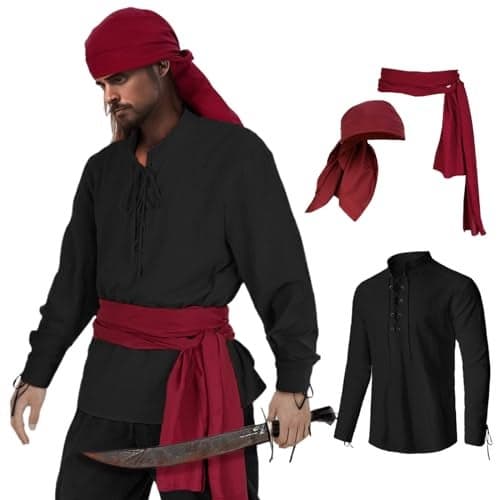 HSDOU Mens Pirate 3 Pcs Costume Set Renaissance Pirate Shirt Medieval Costume Viking (Z3760BK, M)