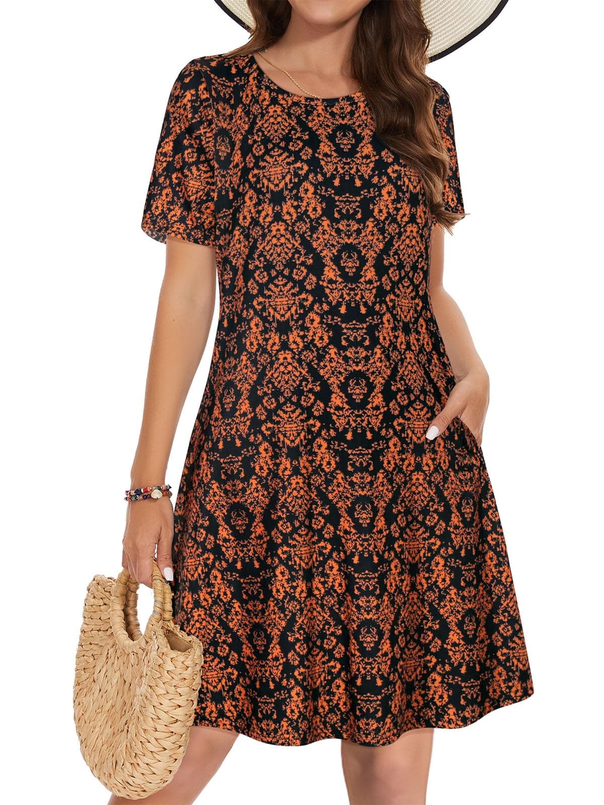 Dresses for Women Short Sleeve Fashion Tunic Dress Summer Swing Pockets Tshirt Dress (Black Orange Floral, L)