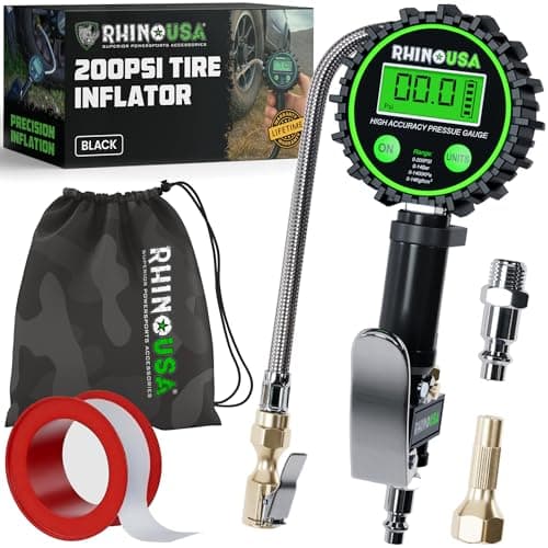 Rhino USA Digital Tire Pressure Gauge with Inflator (0-200 PSI) - Heavy Duty Air Chuck and Compressor Accessories with Stainless Braided Hose, Large 2" Dial and Solid Brass Hardware for Truck and RV