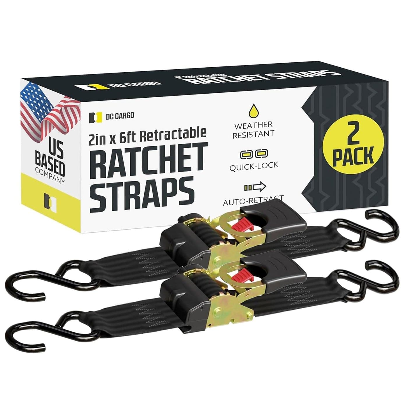 DC Cargo Mall Auto Retractable Ratchet Straps 2Pack 2 x 6ft Super Heavy Duty 4033lb Break Strength Tie Down Straps for Cargo Truck Trailer Boats