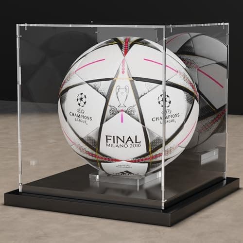 Xiomot Soccer Ball Display Case Clear Acrylic Display Case Box with Mirror Back and Black Metal Grooved Base Stackable Holder with Removable Builtin Soccer Ball Stand for Sports Collectibles