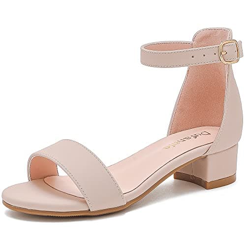 Dufannie Nude Sandals Heels for Girls Open Toe Ankle Strap Chunky Heel Girls Dress Shoes Graduations Party Wedding Low Heel Sandals for Toddler Littler Big Kids(3603Nude 13)