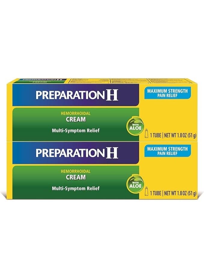 Preparation H Hemorrhoid Symptom Treatment Cream (2 x 1.8 Ounce Tube), Maximum Strength Multi-Symptom Pain Relief with Aloe
