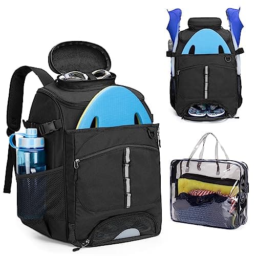 GOBUROS Swim Backpack for Swimmers, Swim Equipment Bag with Additional PVC Transparent Bag for Workout Gear, Swimming Backpack for Swimming, Pool, Beach and Gym, Black
