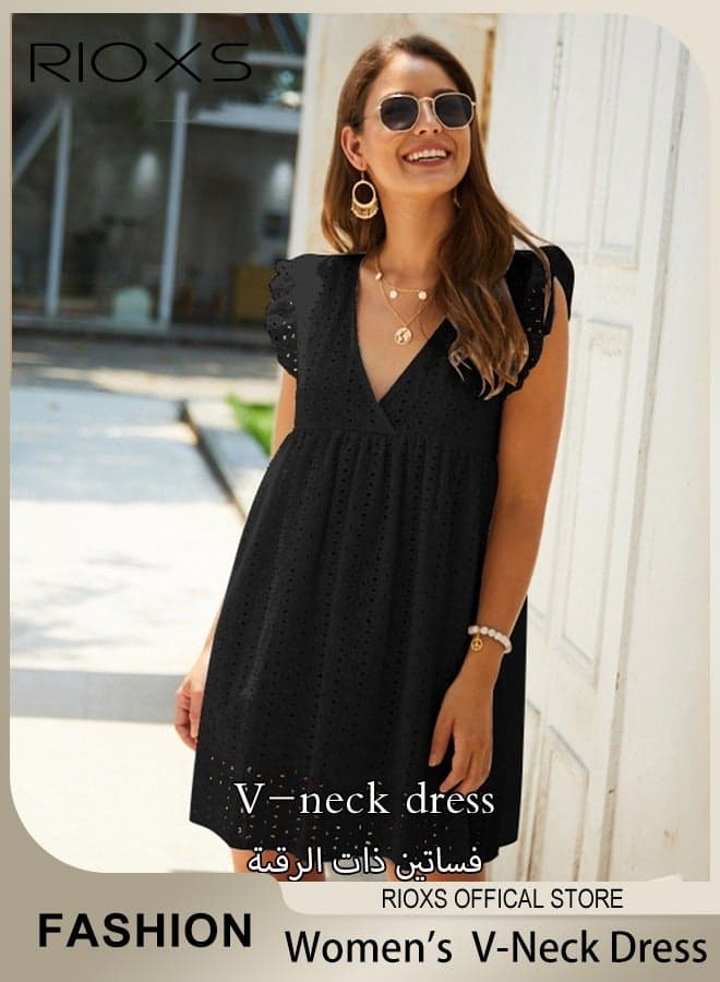 Women Mini Dress, V-Neck Sleeveless Dress with Back Zipper, Lace Up Smocking Ruffle Short Slip Dress, Elegant Summer Dress, Suitable for Beach Vacation, Party, Swimpool and Daily Life