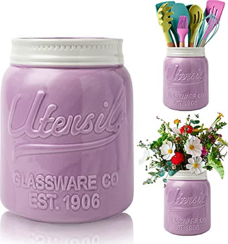 Comfify Wide Mouth Mason Jar Utensil Holder Decorative Kitchenware Organizer Crock Dishwasher Safe Kitchen Caddy Purple Large Size 7 High