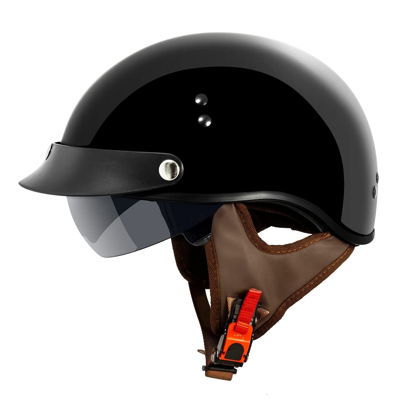 VCAN Cruiser Solid Gloss Black Half Face Motorcycle Helmet with DropDown Sun Visor Removable Peak and Quick Release Buckle Medium