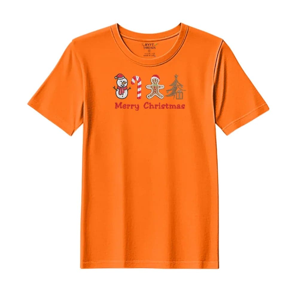 Threads Large Orange Polycotton T-Shirt - Christmas "Merry Christmas Icons (Snowman + Candy Cane + Gingerbread + Tree)" Embroidered Design, Premium Holiday Collection