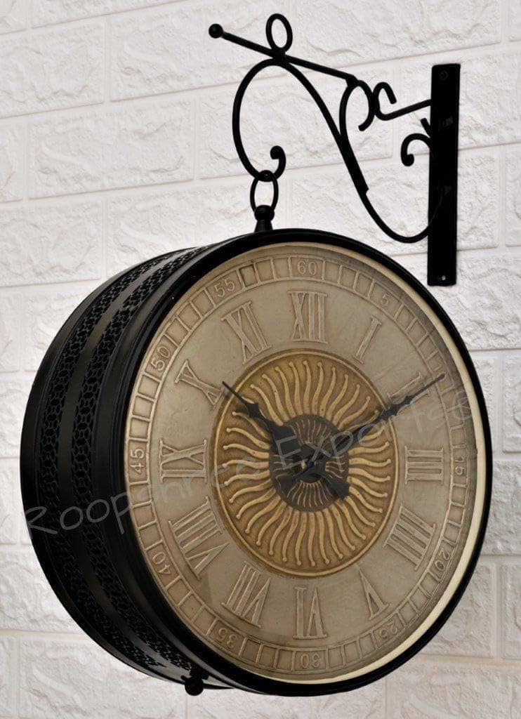 Vintage Clock Black & Brass Double Analog Sided Clock/One Year Warranty / 6570-12-BW2&BZ, 30x30 Cm