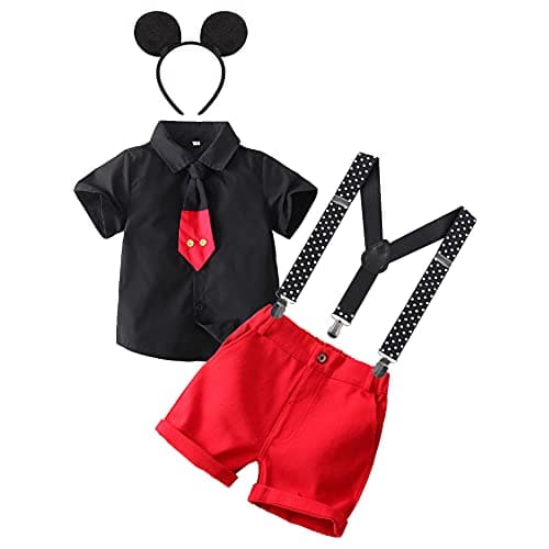 IMEKIS Gentleman Mouse 2nd 3rd Birthday Cake Smash Photo Props Outfit for Baby Boys Toddler Shirt Top Necktie Suspenders Shorts Pants Mouse Birthday Party Black 2-3T