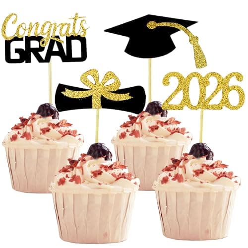 YuBoBo 2026 Graduation Cupcake Toppers 48 PCS FoodAppetizer Picks For Graduation Party Mini Cake Decorations Diploma 2026 Grad Cap Set 48 Pieces 01 Gold