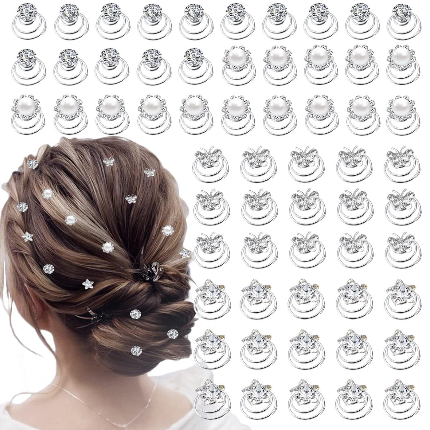 60 PCS 4 Shapes Gems Rhinestone Twister Hair Studs Set Diamond Spiral Pearl Flower Jewels Hair Pins Sticks for Wedding Bridal Prom Party and Special Occasion Butterfly