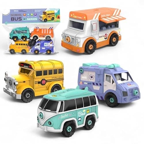SHAKTISM DIY Take Apart Toy Vehicles Set for Kids - 4 Pack School Bus, Ice Cream Truck, Ambulance & Retro Van - STEM Assembly Construction Toys with Screwdriver