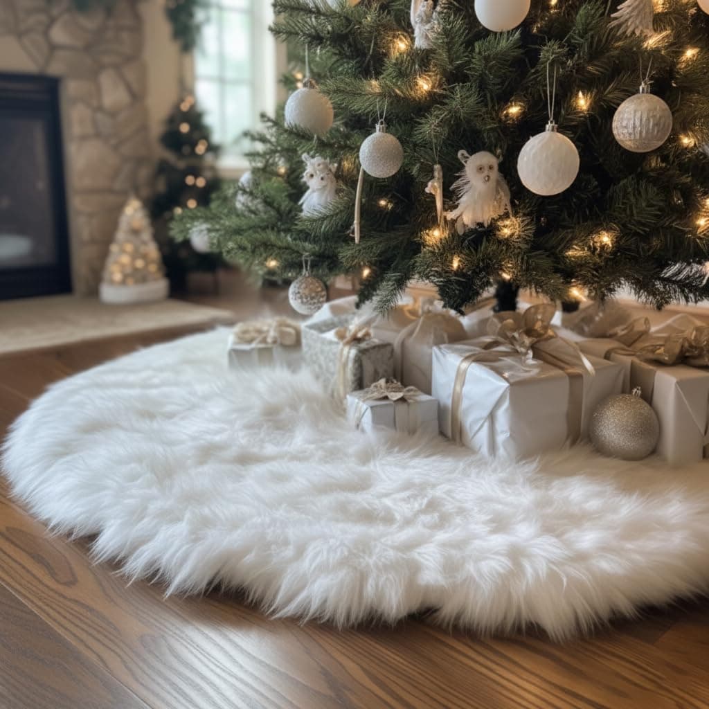 AISENO 60 Inch Christmas Tree Plush Skirt Decoration for Merry Christmas Party Faux Fur Christmas Tree Skirt Decorations