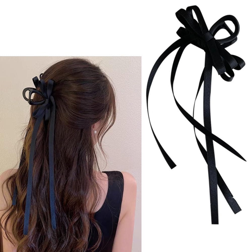 RFTWXHPN Black Bow Hair Claw Clip with Ribbon Tassel Bowknot Hair Claw Jaw Clips Barrettes for Thick Thin Hair Nonslip Claw Hair Clips for Women Girls Big Bows Tassel Hair Claws Barrette