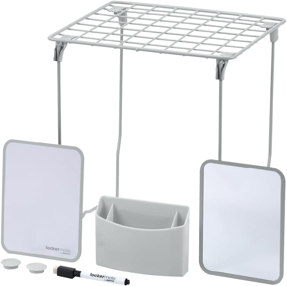 LockerMate by Bostitch 7Piece Locker Organizer Kit Includes Locker Shelf Mirror Whiteboard Storage Cup Dry Erase Marker Gray
