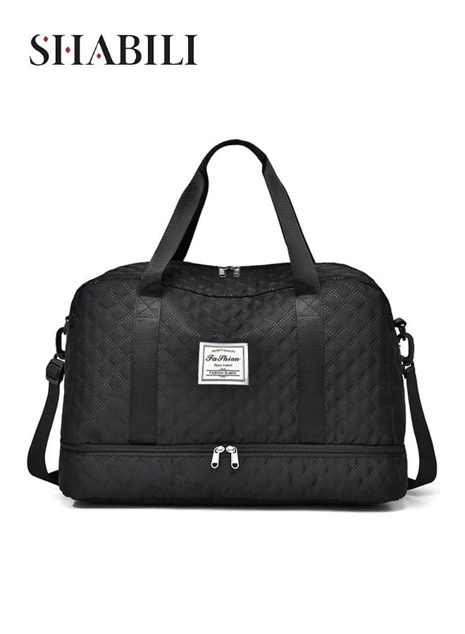 Women Nylon Sports Bag Trolley Duffel Tote Shoulder Crossbody Handbag with Large-Capacity Quilted Multi-Pocket Design, Ladies Teen Youth Weekender for Daily Casual Party Travel Work Carryall (Black)