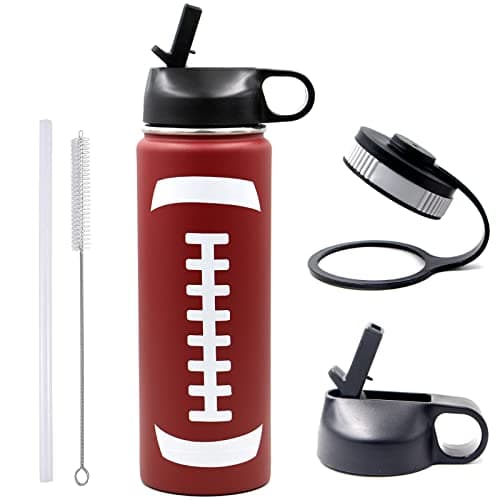 22 oz Football Water Bottle Metal Travel Mug Thermo Sports Flask with 2 Lids BPAFree Stainless Steel Double Wall Vacuum Leak Proof Insulated Water Bottles Football Gifts for Boys Girls
